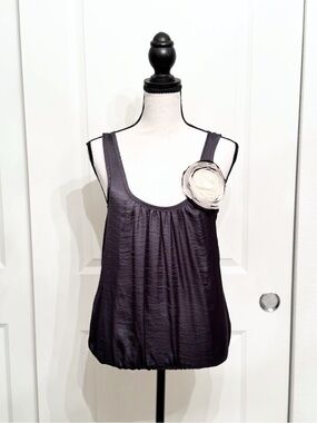 Solemio Slate Gray Beaded Flower Bubble Hem Tank Top, Size S